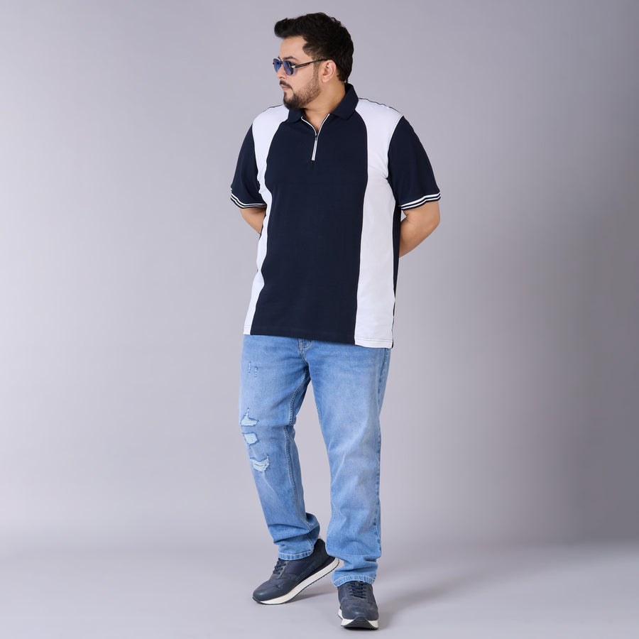 Navy & White Panelled Polo with Zipper Placket
