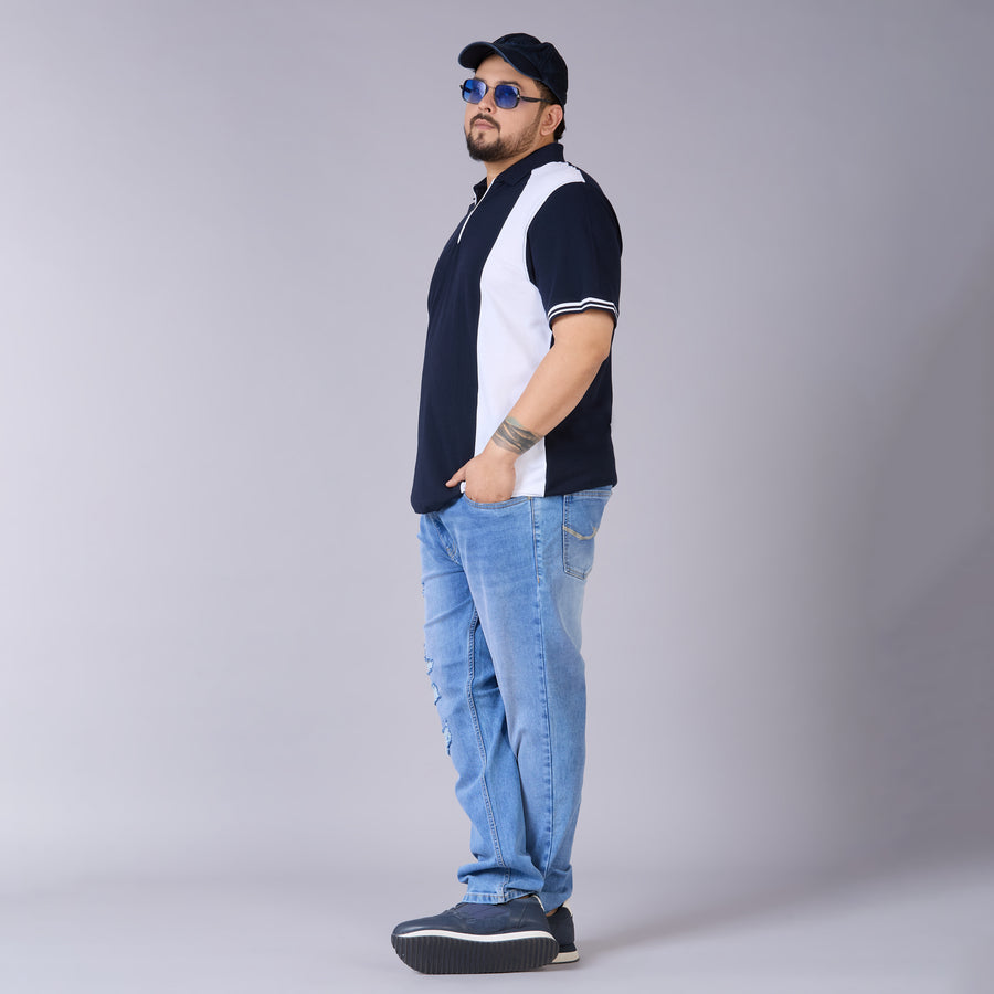 Navy & White Panelled Polo with Zipper Placket