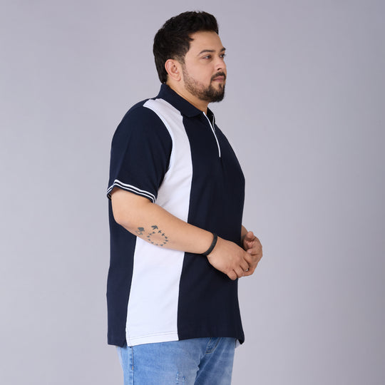 Navy & White Panelled Polo with Zipper Placket