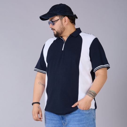 Navy & White Panelled Polo with Zipper Placket