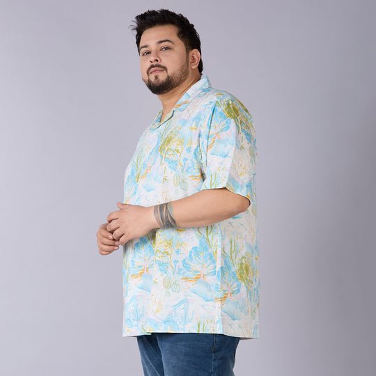 Mens  Plus Size Azure Botanica – Premium Cotton Satin Cuban Collar Shirt