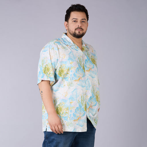 Mens  Plus Size Azure Botanica – Premium Cotton Satin Cuban Collar Shirt