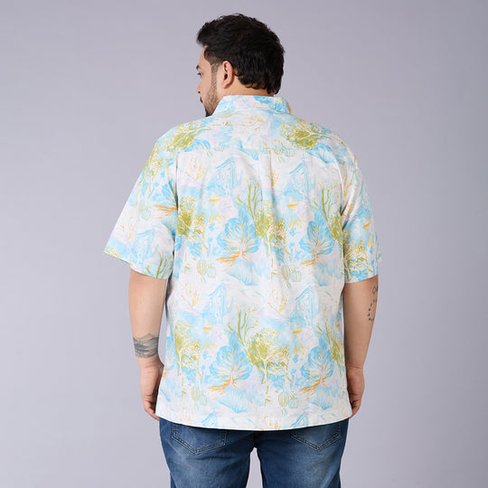 Mens  Plus Size Azure Botanica – Premium Cotton Satin Cuban Collar Shirt