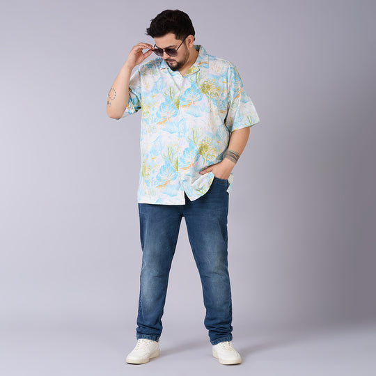 Mens  Plus Size Azure Botanica – Premium Cotton Satin Cuban Collar Shirt