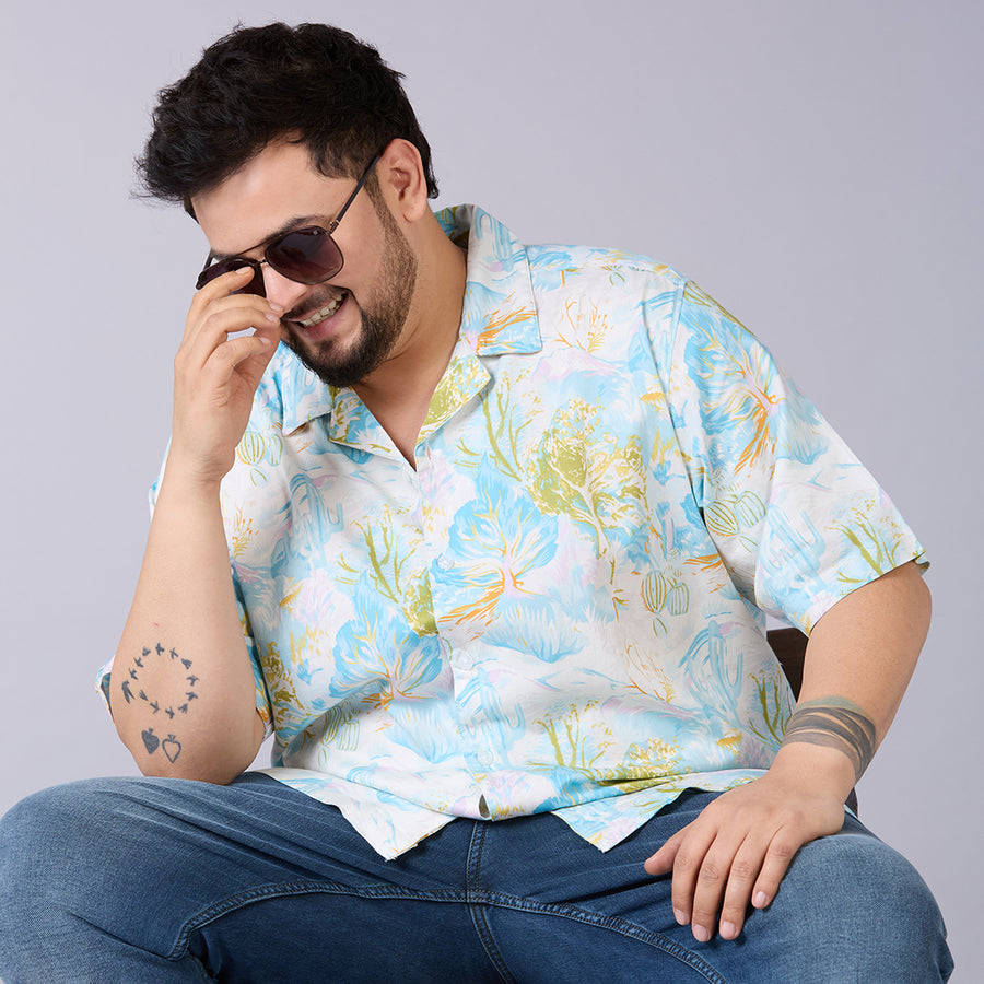 Mens  Plus Size Azure Botanica – Premium Cotton Satin Cuban Collar Shirt