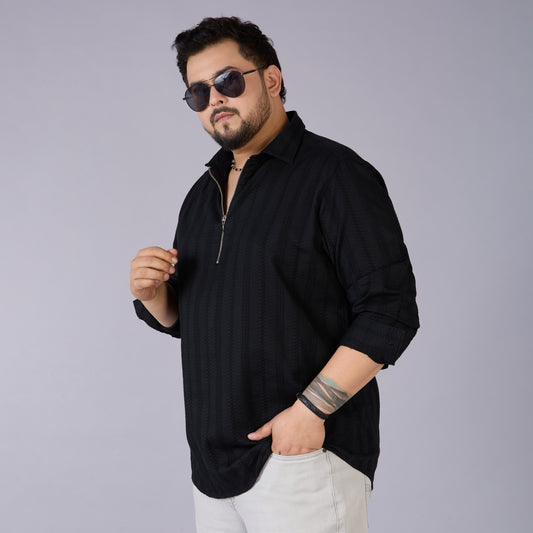 Plus Size Men's Black Self-Structured Dobby Shirt with Half Zipper