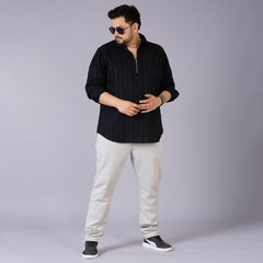 Plus Size Men's Black Self-Structured Dobby Shirt with Half Zipper