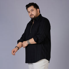 Plus Size Men's Black Self-Structured Dobby Shirt with Half Zipper