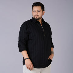 Plus Size Men's Black Self-Structured Dobby Shirt with Half Zipper