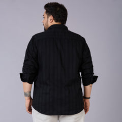 Plus Size Men's Black Self-Structured Dobby Shirt with Half Zipper