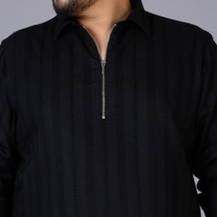 Plus Size Men's Black Self-Structured Dobby Shirt with Half Zipper