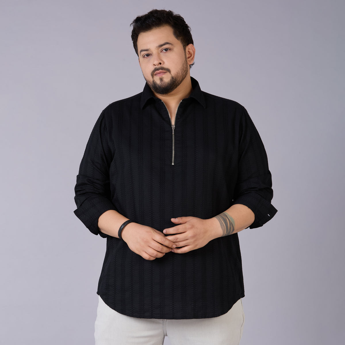 Plus Size Men's Black Self-Structured Dobby Shirt with Half Zipper
