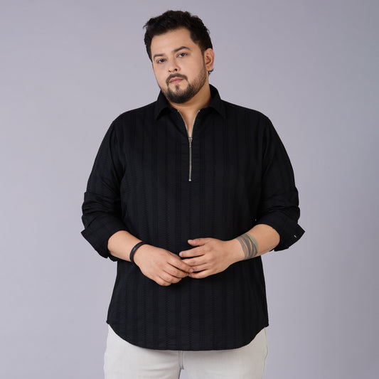 Plus Size Men's Black Self-Structured Dobby Shirt with Half Zipper