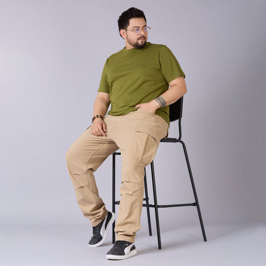 High-Stretch Stone-Washed Cargo Pants- Khaki