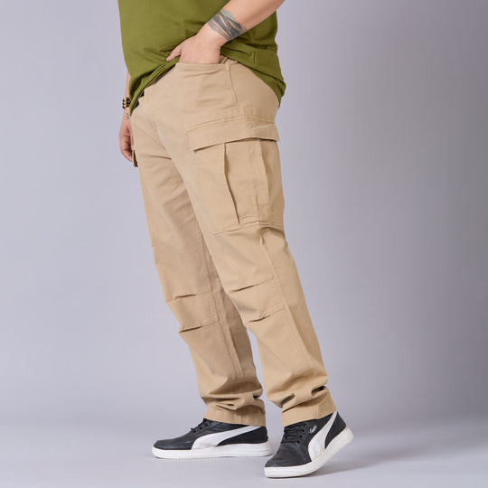 High-Stretch Stone-Washed Cargo Pants- Khaki