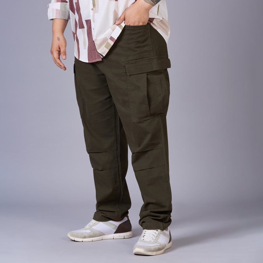 Mens Plus Size High-Stretch Stone-Washed Cargo Pants- Olive