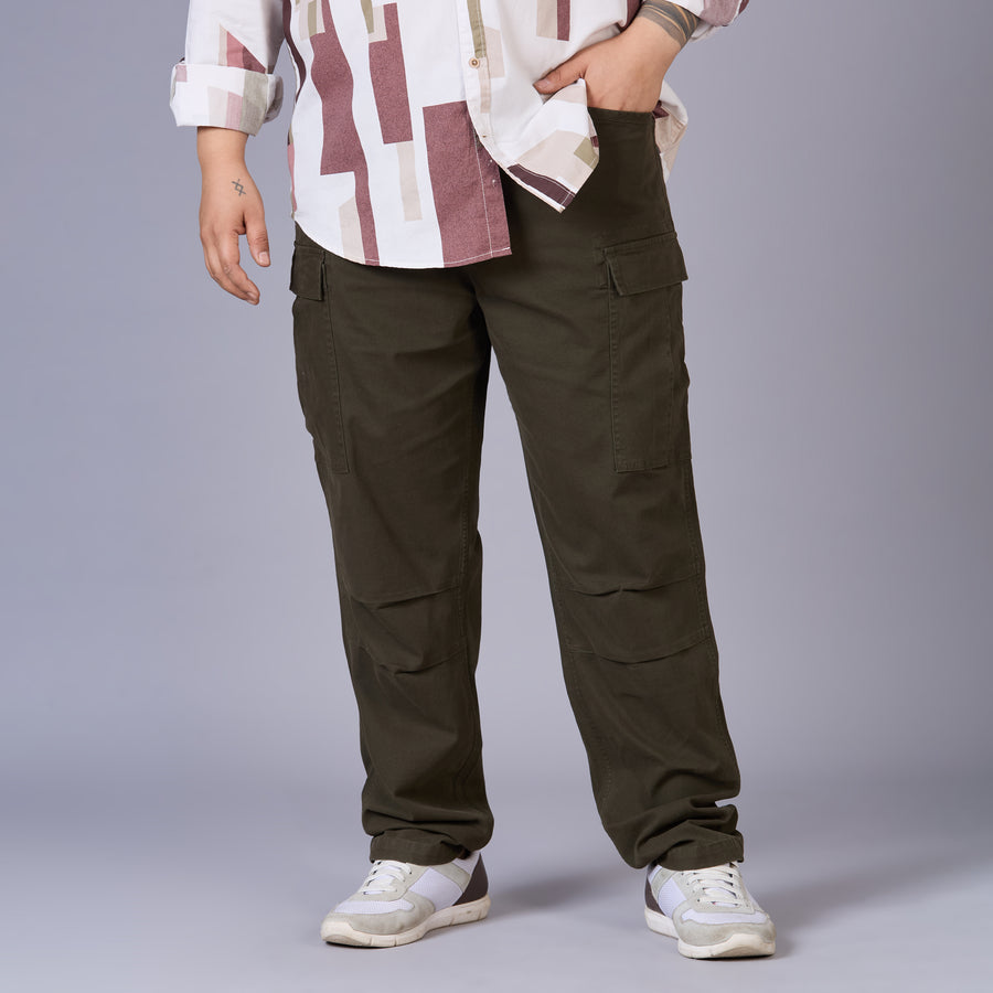 Mens Plus Size High-Stretch Stone-Washed Cargo Pants- Olive