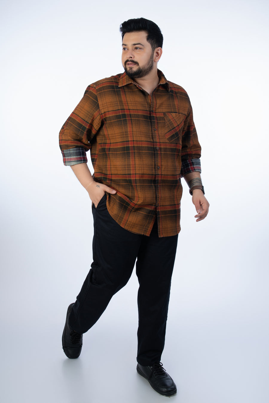 Mens Plus Size Orange Casual Check Shirt