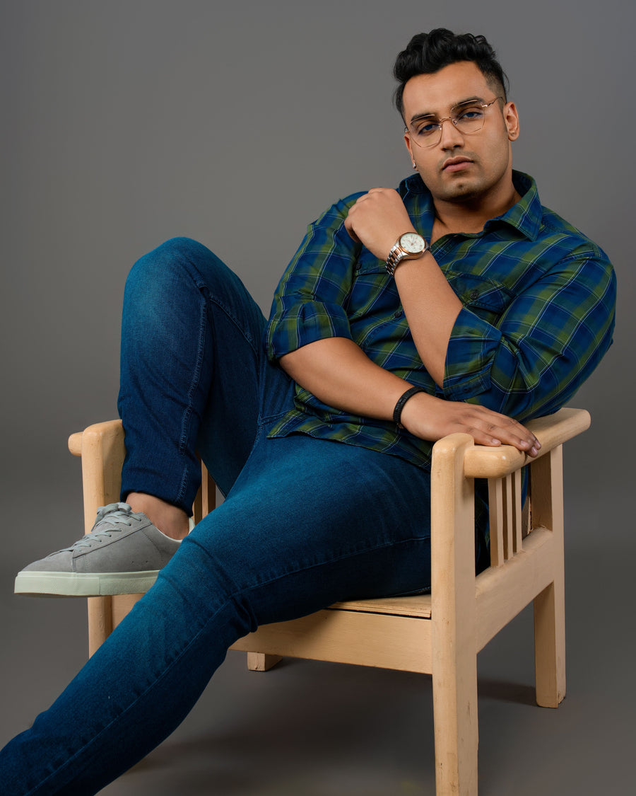 Mens Plus Size Green Regular Collar Indigo Shirt