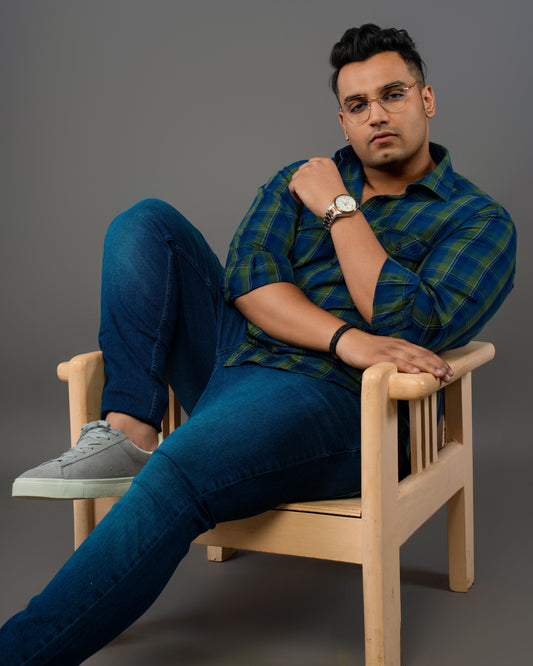 Mens Plus Size Green Regular Collar Indigo Shirt