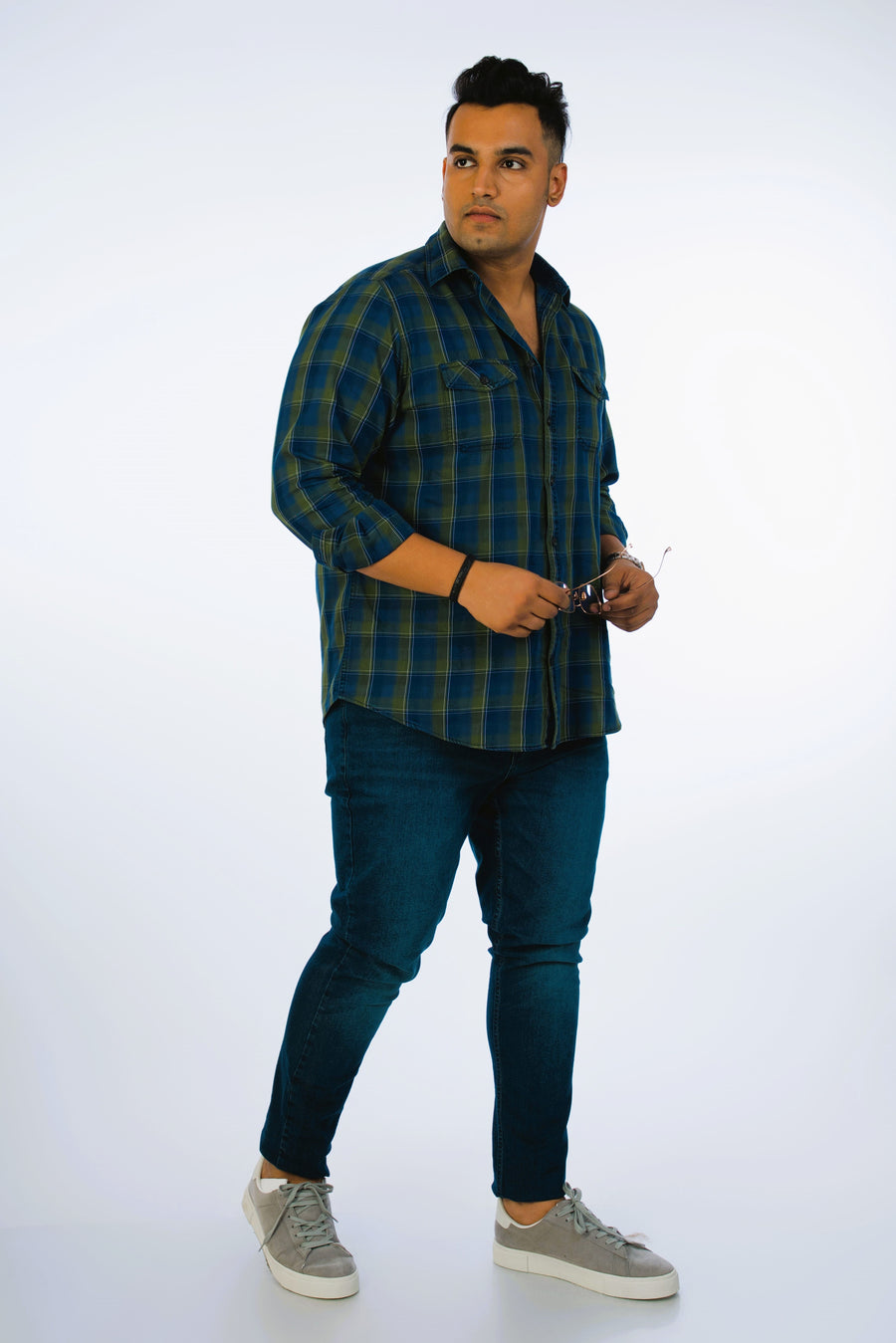 Mens Plus Size Green Regular Collar Indigo Shirt