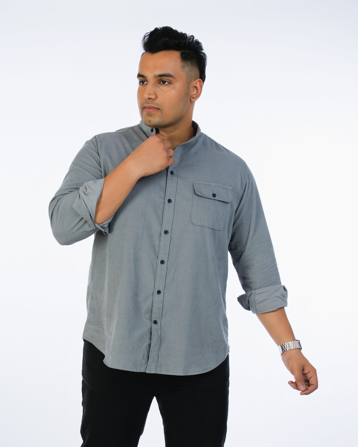 Grey Stand Collar Corduroy Shirt