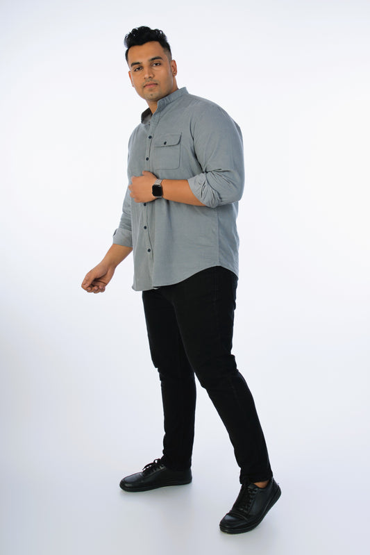 Mens Plus Size Grey Stand Collar Corduroy Shirt