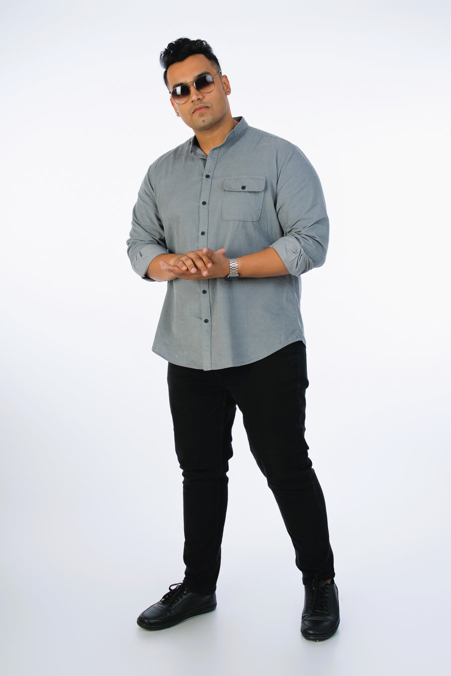 Mens Plus Size Grey Stand Collar Corduroy Shirt