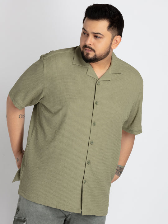Mens Plus Size Green Self structured Knit shirt