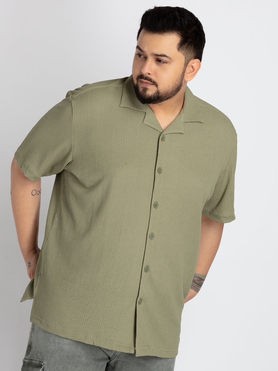 Mens Plus Size Green Self structured Knit shirt