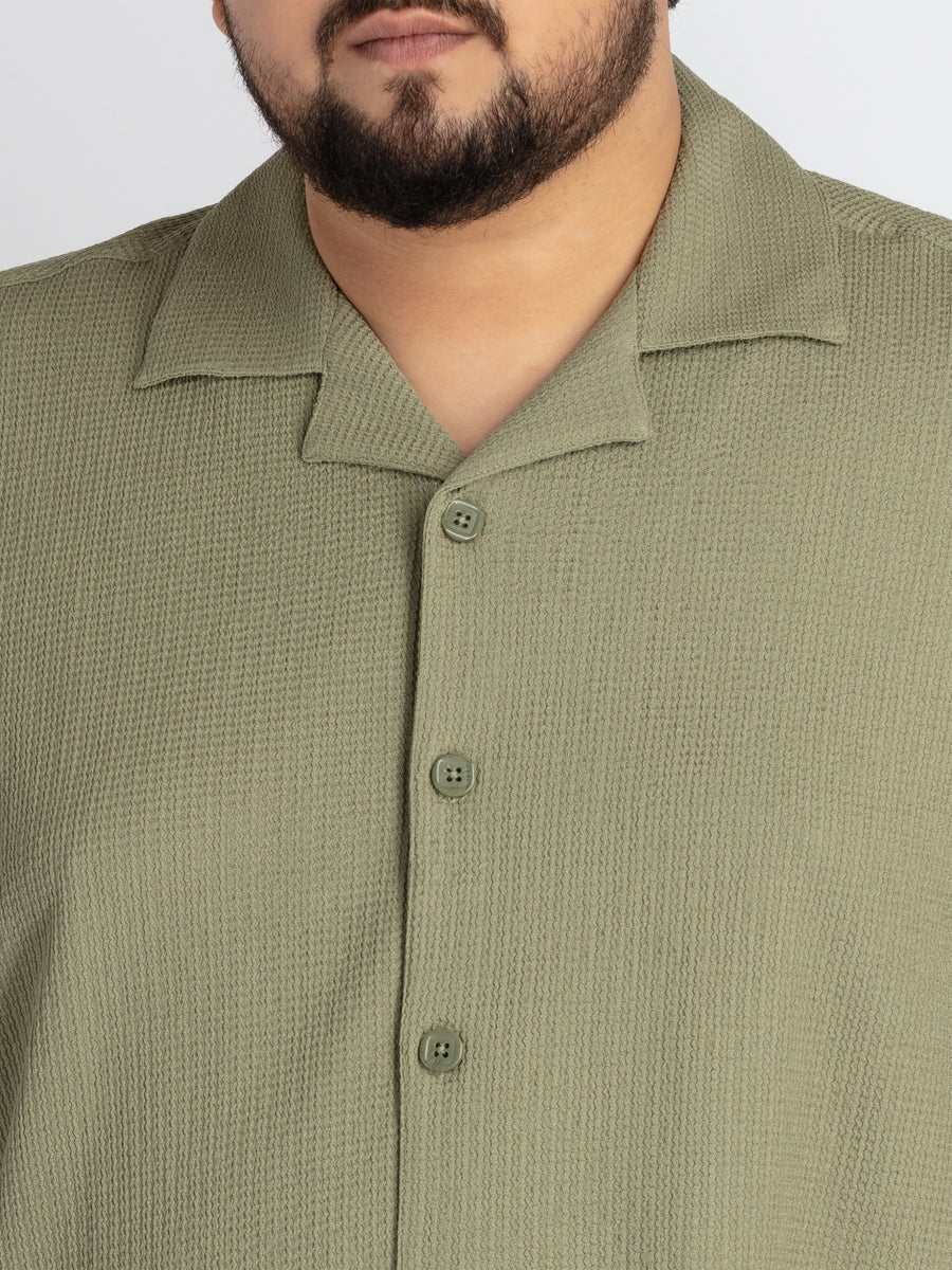 Mens Plus Size Green Self structured Knit shirt