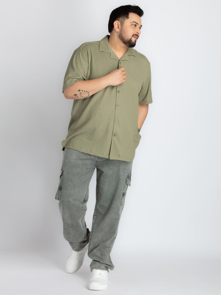 Mens Plus Size Green Self structured Knit shirt
