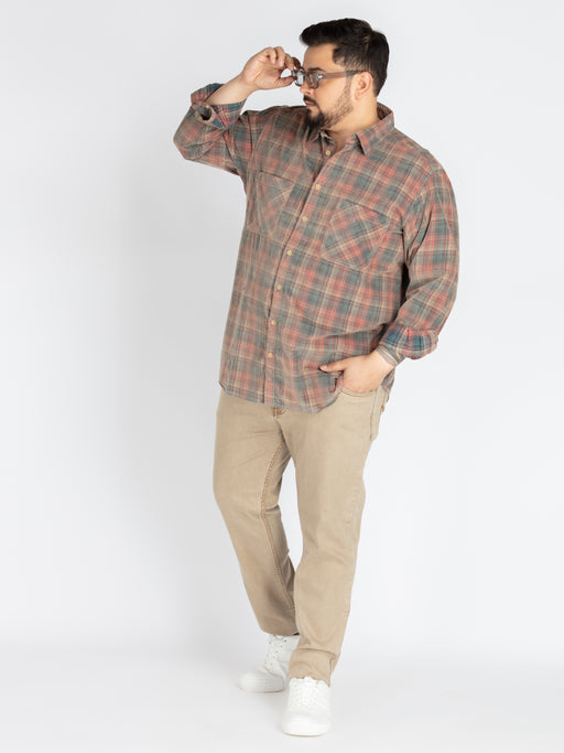 Men’s Plus-Size Peach Corduroy Check Casual Shirt