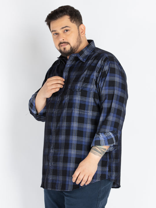 Mens Plus Size Blue spread collar check shirt