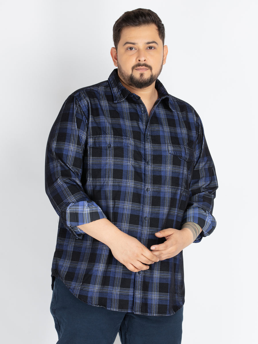 Mens Plus Size Blue spread collar check shirt