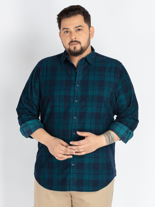 Men’s Plus-Size Green Corduroy Check Casual Shirt