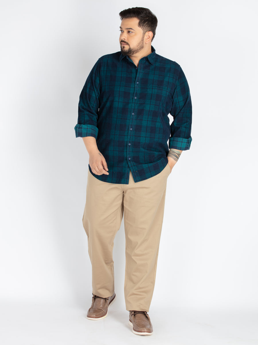 Men’s Plus-Size Green Corduroy Check Casual Shirt