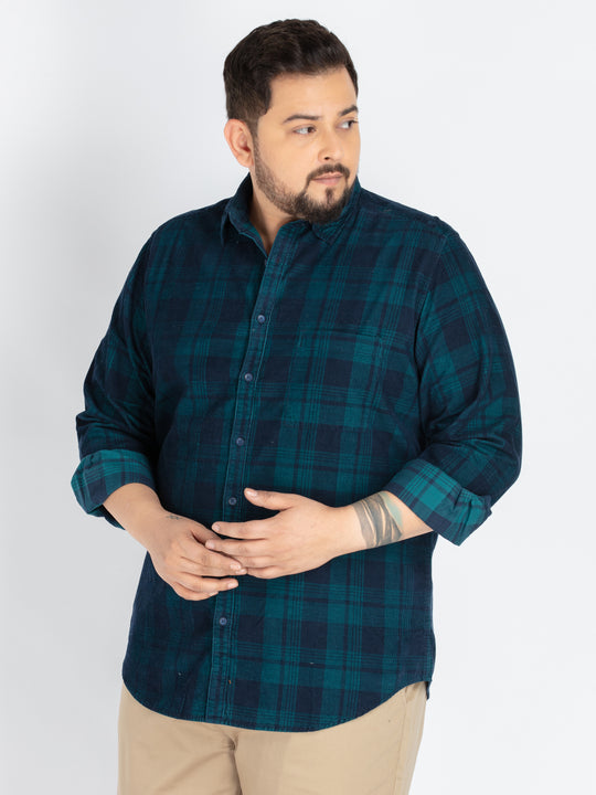 Men’s Plus-Size Green Corduroy Check Casual Shirt