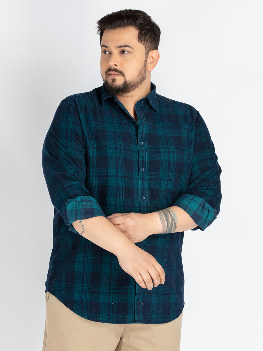 Men’s Plus-Size Green Corduroy Check Casual Shirt