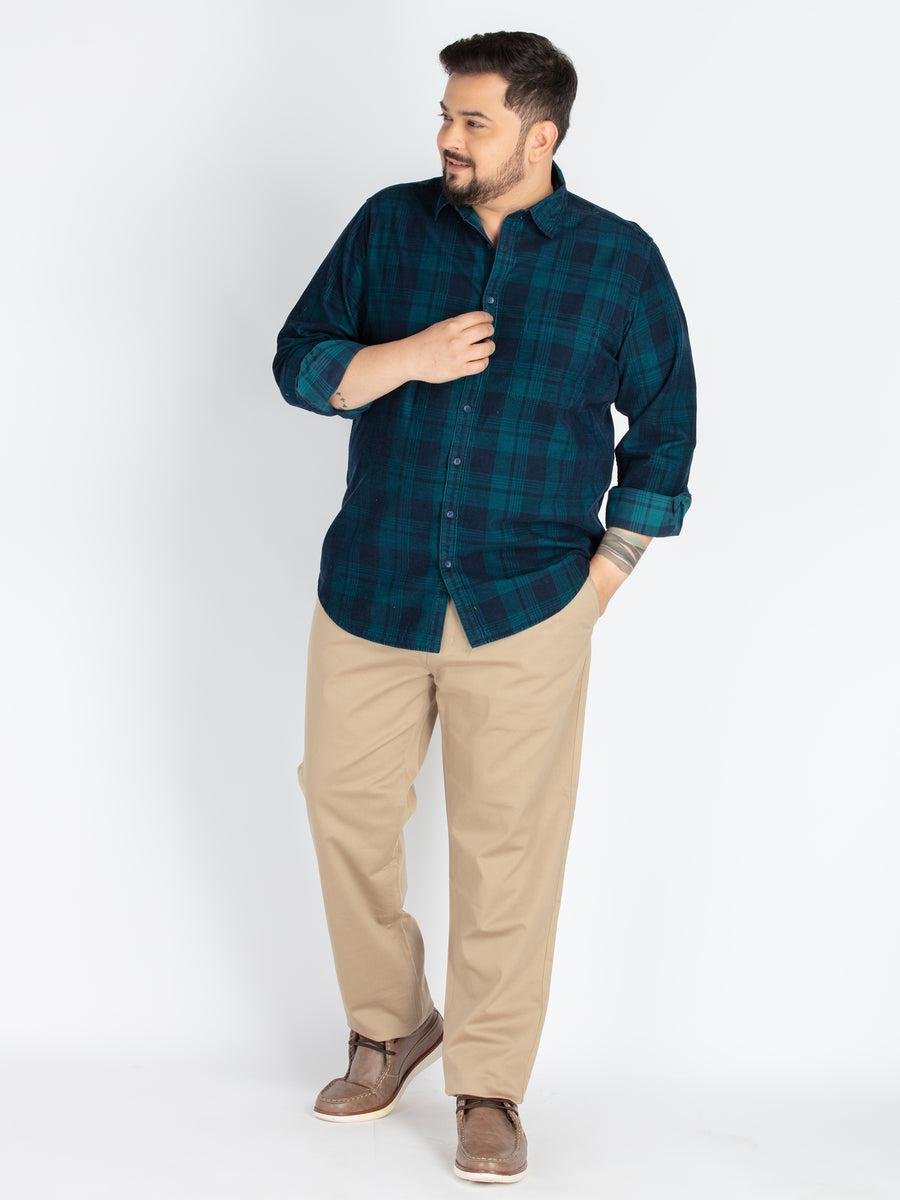 Men’s Plus-Size Green Corduroy Check Casual Shirt