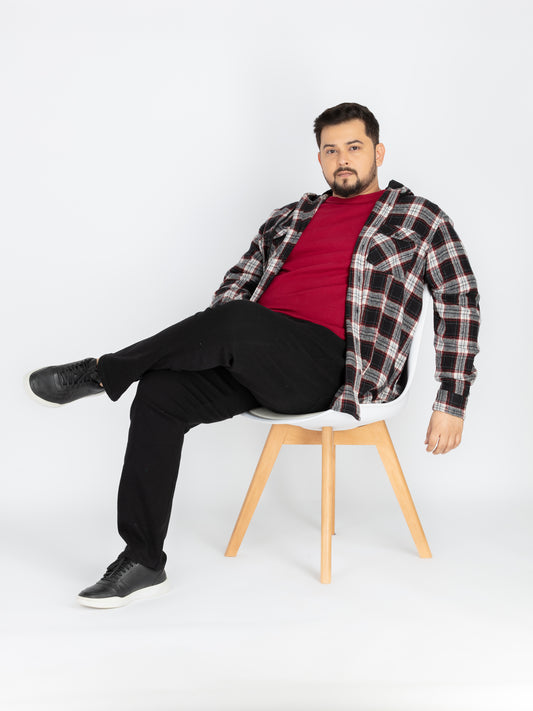 Mens Plus Size Black Hoodie Neck Check Shirt