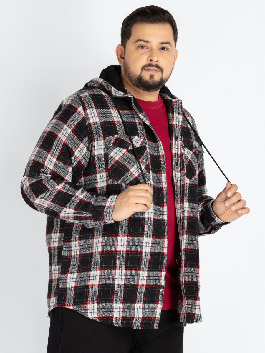 Mens Plus Size Black Hoodie Neck Check Shirt