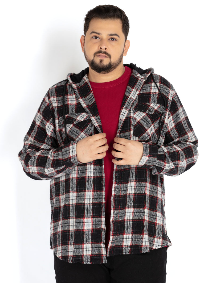 Mens Plus Size Black Hoodie Neck Check Shirt