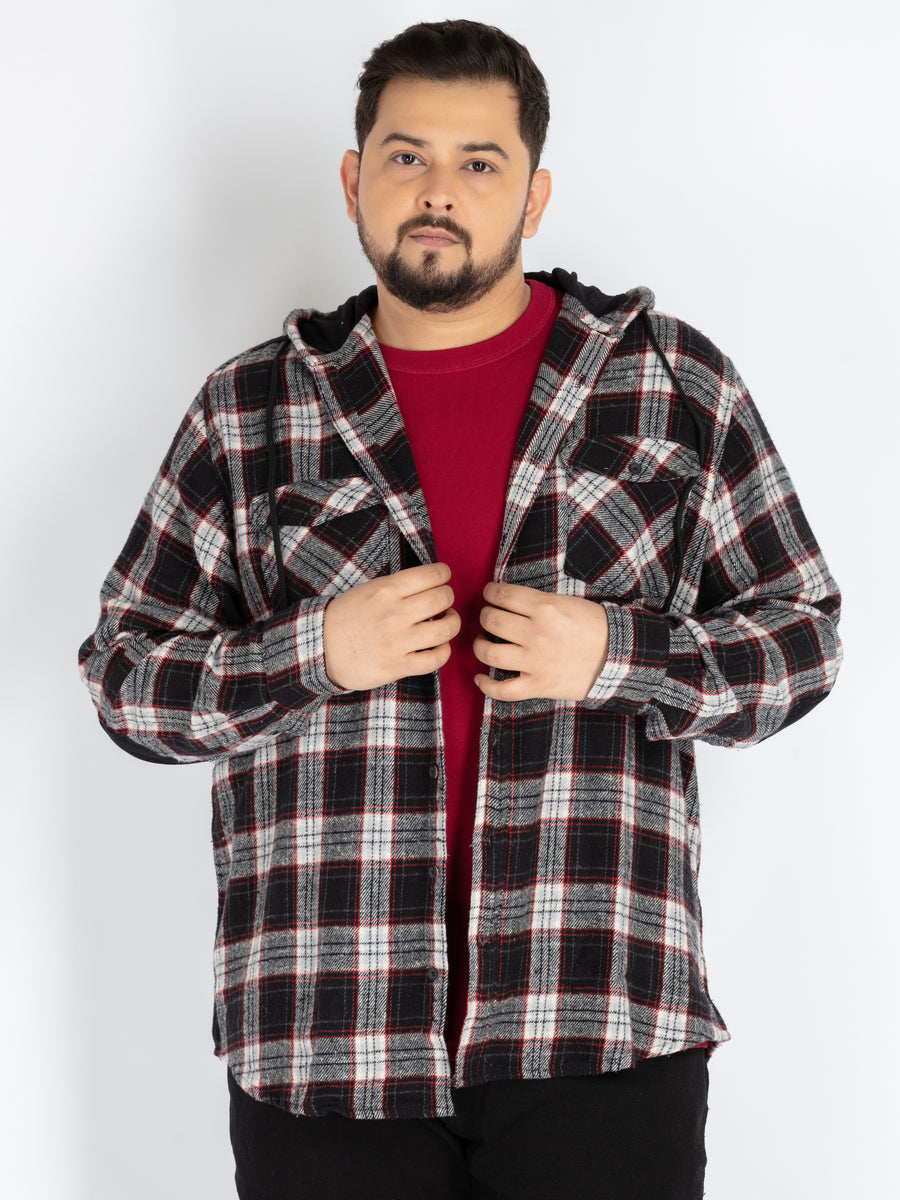 Mens Plus Size Black Hoodie Neck Check Shirt
