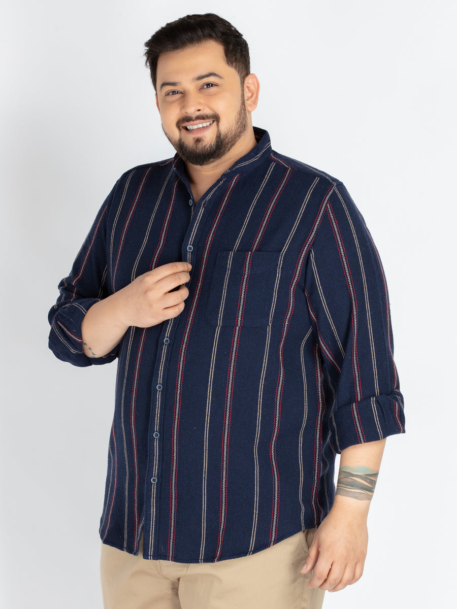 Mens Plus Size Navy Mandarin Collar stripe  Shirt
