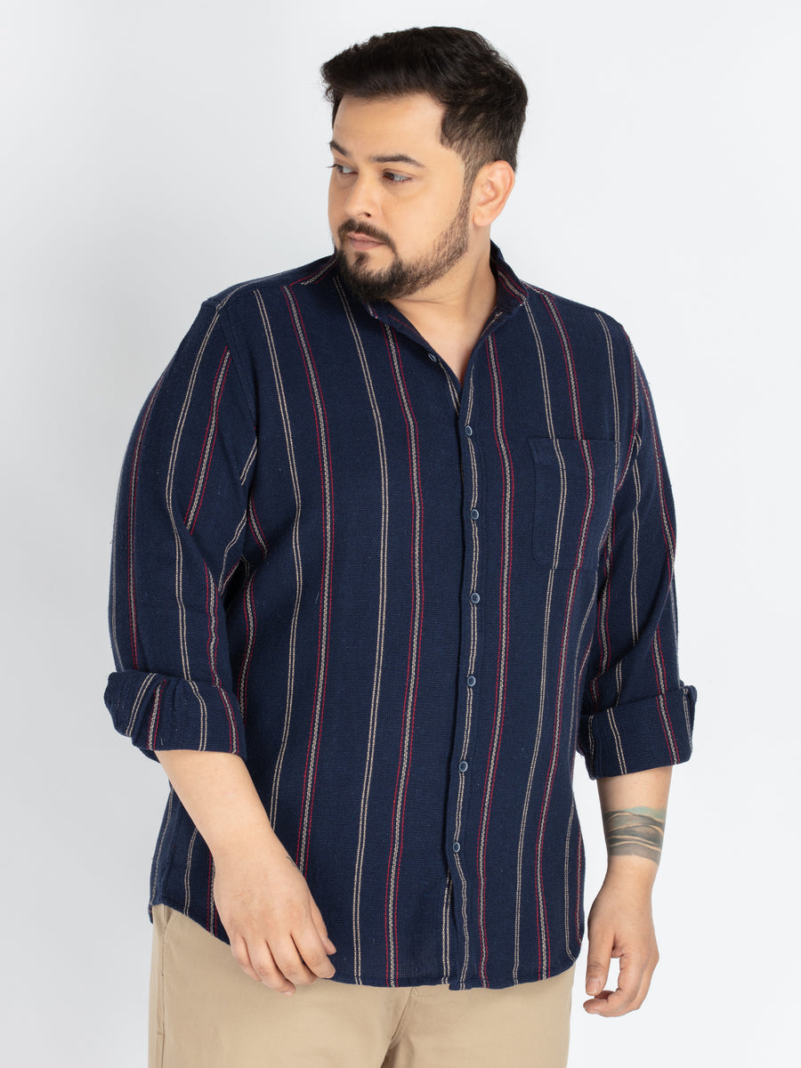 Mens Plus Size Navy Mandarin Collar stripe  Shirt