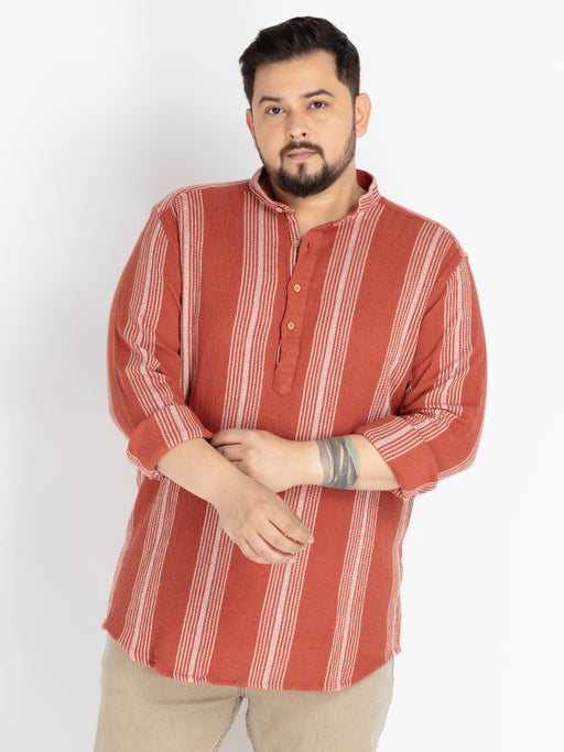 Plus Size Rust Mandarin Collar stripe  Shirt
