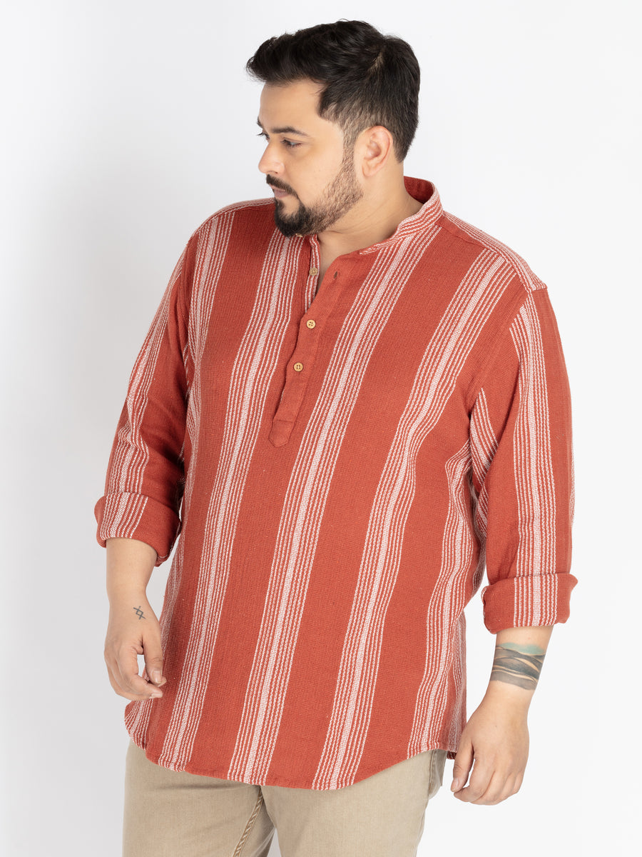 Plus Size Rust Mandarin Collar stripe  Shirt