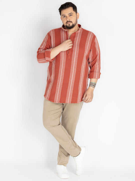 Plus Size Rust Mandarin Collar stripe  Shirt