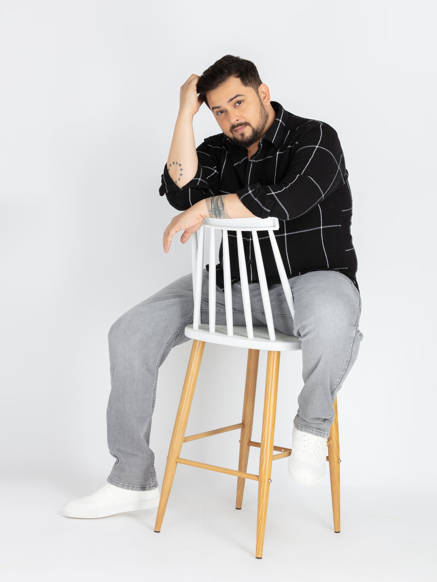 Mens Plus Size Black spread collar check shirt